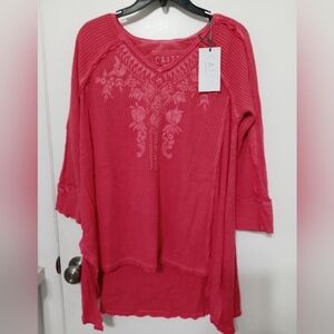 Caite Arden Long Sleeve Coral HandCrafted Embroidered Floral Thermal Tunic Top